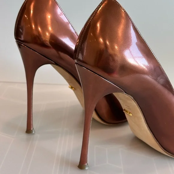 SALE SERGIO ROSSI GODIVA Red Dark Metallic Bronze Patent Leather Point Toe Pumps - Picture 8 of 12
